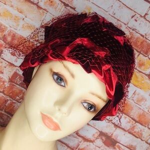 Vintage MCM Burgundy Red Satin and Velvet Veiled Bucket Hat